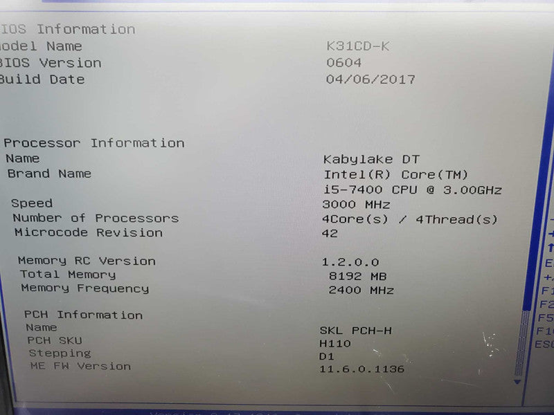 ASUS K31CD-K Motherboard i5-7400 3.0GHz 8GB DDR4 |