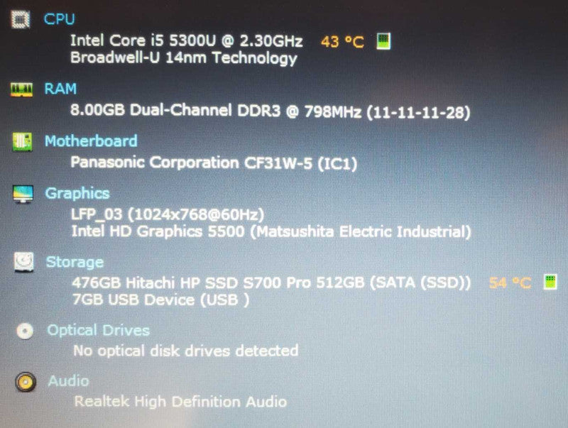 Panasonic ToughBook CF-31 Core i5-5300U @ 2.3GHz 8GB Ram 500GB SSD *3460 Hours* (