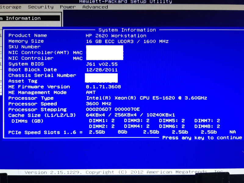 HP Z620 Workstation Xeon E5-1620 @ 3.60GHz 16GB RAM QUADRO K2000 - NO HDD +
