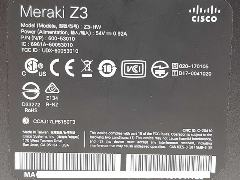 Cisco Meraki Z3 Z3-HW VPN Firewall - CLAIMED +