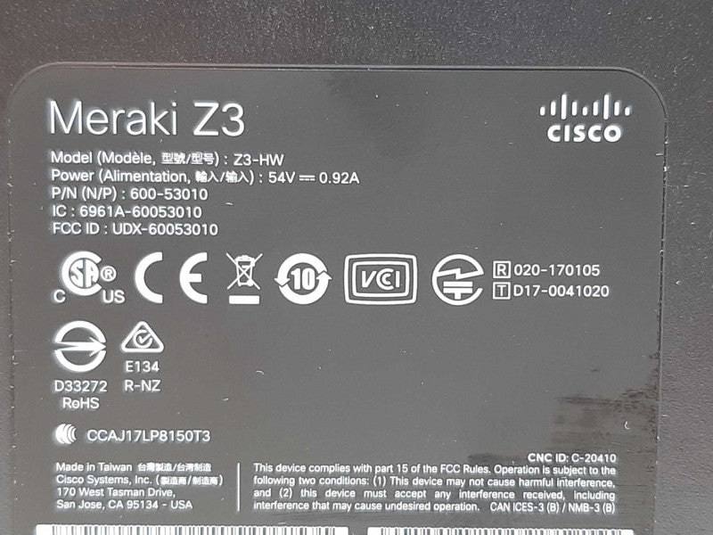 Cisco Meraki Z3 Z3-HW VPN Firewall - Unclaimed +