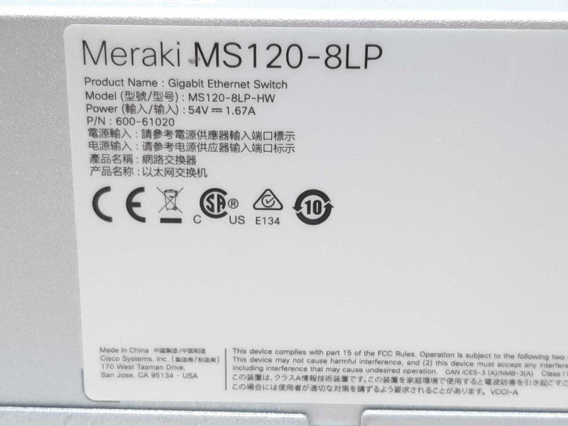 Cisco Meraki MS120-8LP L2 Cloud Managed 8-Port Switch - CLAIMED +