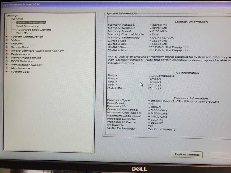 Dell Precision T3620, Xeon E3-1270v5 3.6GHz, 32GB DDR4, 1x HDD Tray, No GPU _