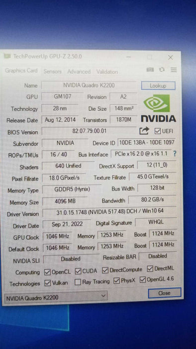 PNY nVidia Quadro K2200 4GB Video Graphics Card ~