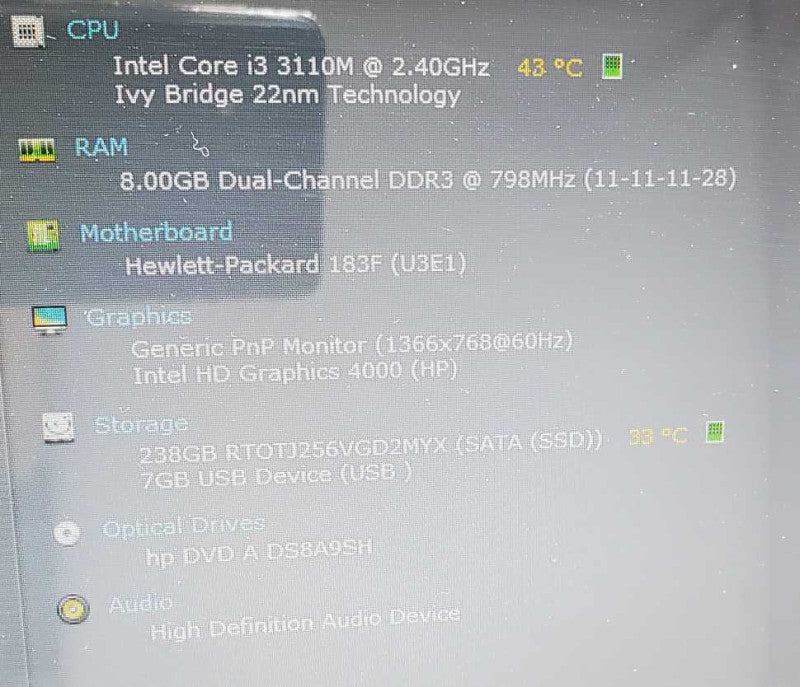 HP Pavilion G6 Core i3-3110M @ 2.4 GHz 8GB Ram 250GB SSD (