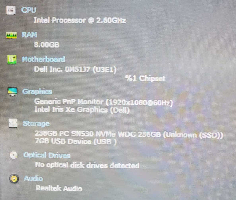 Dell P137G Core i5-1145G7 @ 2.6 GHz 8GB DDR4 250GB SSD (