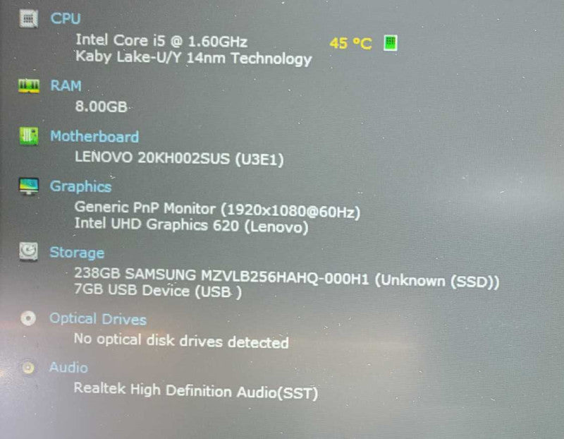 Lenovo ThinkPad X1 Carbon Core i5-8250U @ 1.6 GHz 8GB Ram 250GB SSD (