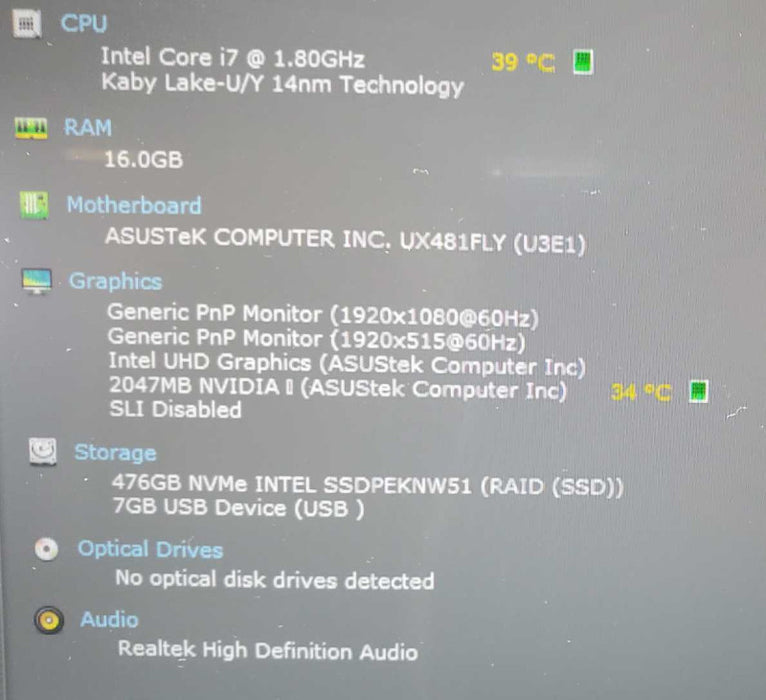 Asus Zenbook UX481F Core i7-10510U@1.8GHz 16GB DDR4 500GB SSD MX250 2GB *READ* (