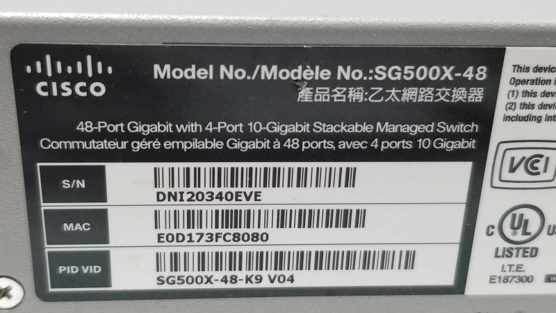 Cisco SG500X-48 48-Port Gigabit with 4-Port 10-Gigabit Managed Switch ~