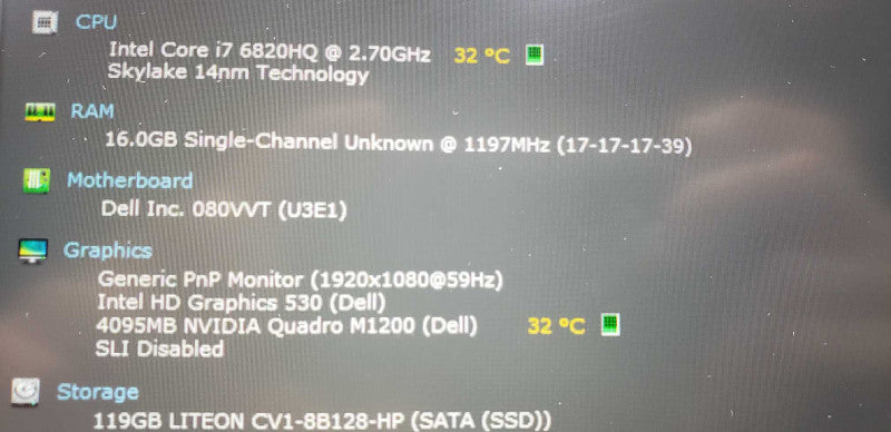 Dell Precision 5520 i7-6820HQ @ 2.70ghz / 16gb ram / Quadro M1200 / 120gb SSD #