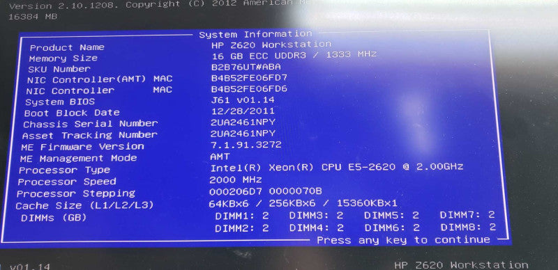 HP Z620 Xeon E5-2620 @ 2.00ghz / 16gb ram / Firepro V5900 2GB DP-DVI HF #