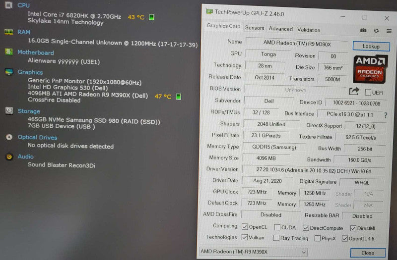 Dell Alienware 15 R2 Core i7-6820HK @ 2.7 GHz 16GB Ram 500GB SSD R9 M390x 4GB (