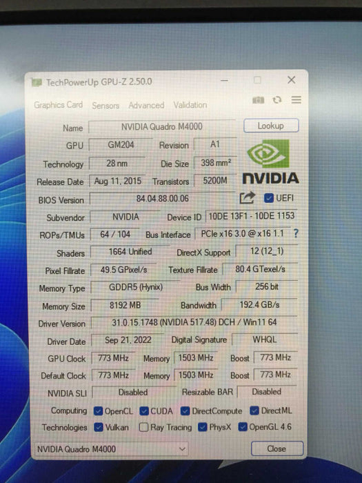 Nvidia Quadro M4000 8GB GDDR5 256-bit PCI Express 3.0 x16 Video Card [