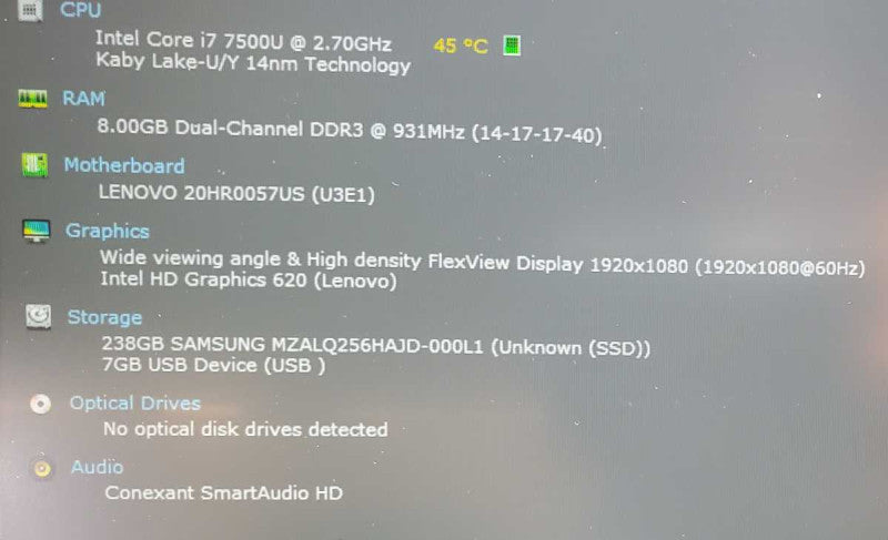 Lenovo ThinkPad Core i7-7500U @ 2.7 GHz 8GB Ram 250GB SSD (