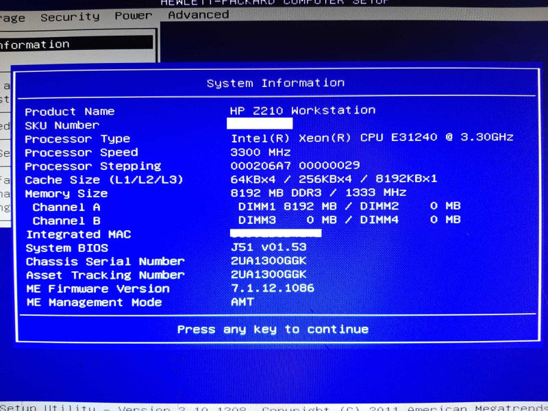 HP Z210 Workstation Xeon E3-1240 @ 3.30GHz 8GB RAM QUADRO FX580 - NO HDD +
