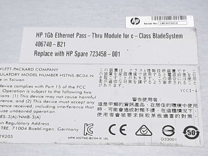 HP 406740-B21 723458-001 16-Port 1GB Ethernet Pass-Thru Module Blade Syetem +
