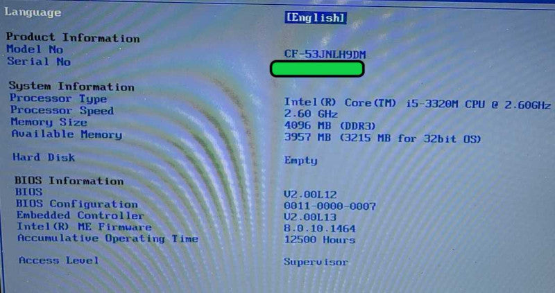 Panasonic CF-53 i5-3320M 2.6GHz 4GB RAM NO HDD 12500HRS 14\\" $