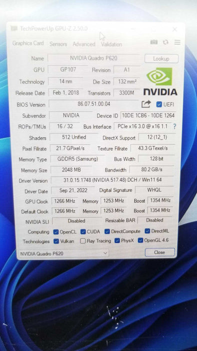 HP NVIDIA Quadro P620 2GB Graphics Card 4x Mini DisplayPort 512 Cuda Cores ~