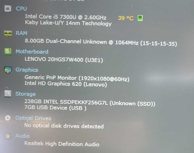 Lenovo ThinkPad T470s Core i5-7300U @ 2.6 GHz 8GB DDR4 250GB SSD (