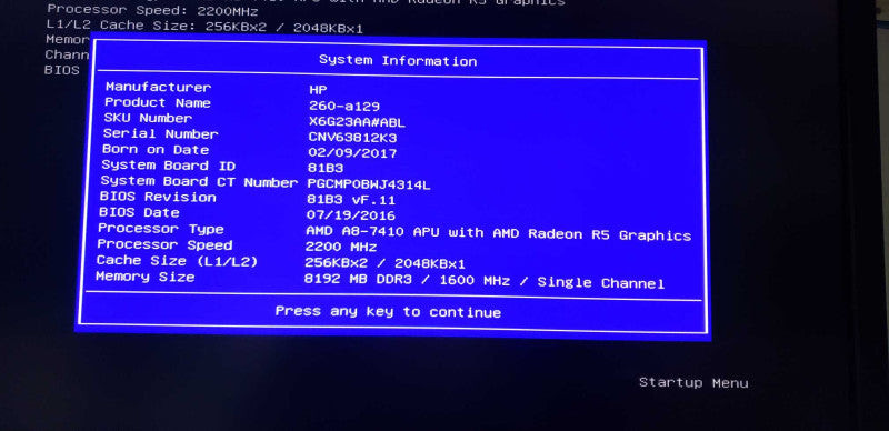 HP 260-a129 AMD A8-7410 @ 2.2ghz / 8gb ram / see notes #