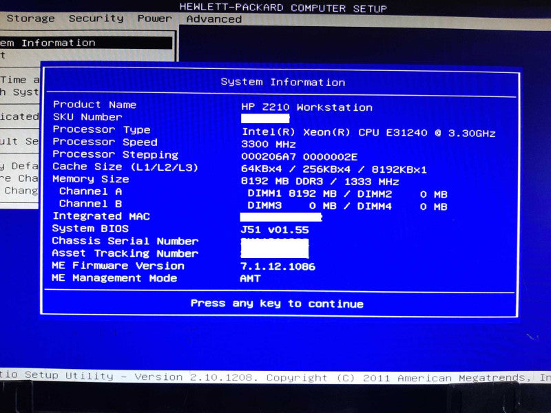 HP Z210 Workstation Xeon E3-1240 @ 3.30GHz 8GB RAM QUADRO FX580 - NO HDD +