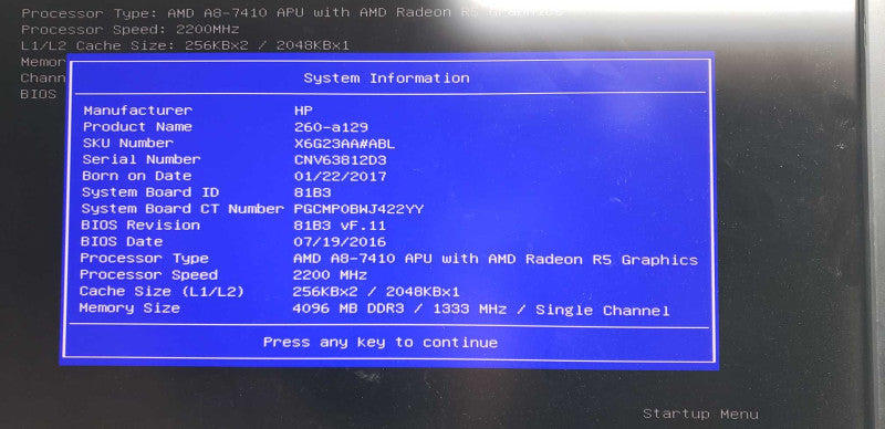 HP 260-a129 AMD A8-7410 @ 2.2ghz / 8gb ram / see notes #\t #