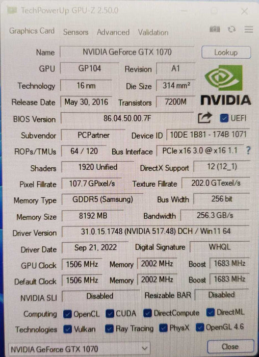 Zotac GeForce GTX 1070 8GB Graphic Card DVI HDMI DP (