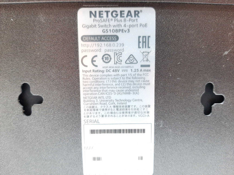 NETGEAR ProSafe Plus 8-Port Gigabit Switch w// 4-Port PoE GS108PEv3 +