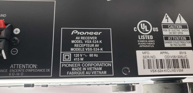 Pioneer AV Receiver VSX-524-K  5.1 Multi-Channel Home Theater Audio/Video #