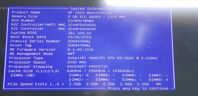 HP Z620 Xeon E5-2620 @ 2.00ghz / 8gb ram / Quadro K2000 GPU #