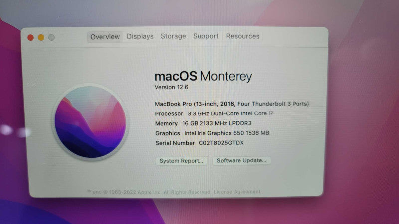 MacBook Pro 13-inch 2016 with TouchBar i7 CPU 16GB RAM & 256GB Storage READ -