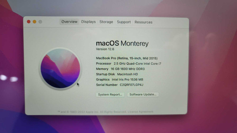 MacBook Pro Retina 15-inch Mid 2015 with i7 CPU 16GB RAM & 512GB Storage  -