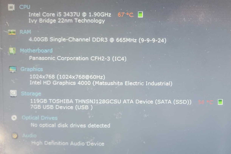 Panasonic CF-H2 Core i5-3437U @ 1.9 GHz 4GB Ram 120GB SSD 31830 Hrs *READ* (