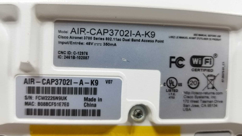 CISCO AIRONET 3702I AIR-CAP3702I-A-K9 DUAL BAND INT ANT AP 802.11 A/B/G/N/AC ~