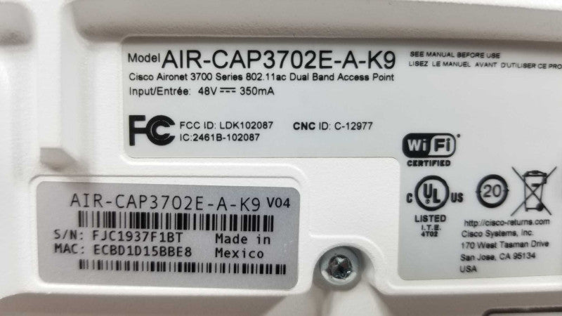 Cisco AIR-CAP3702E-A-K9 Aironet 3702E Wireless Access Point 802.11a/g/n/ac ~