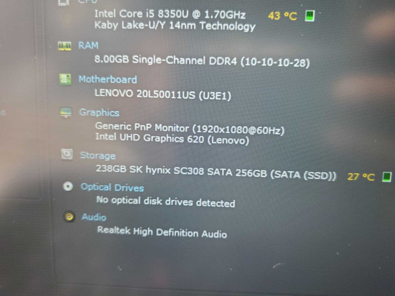 Lenovo T480, Core i5-8350U 1.7GHz 8GB RAM 256GB SSD Storage, Read _