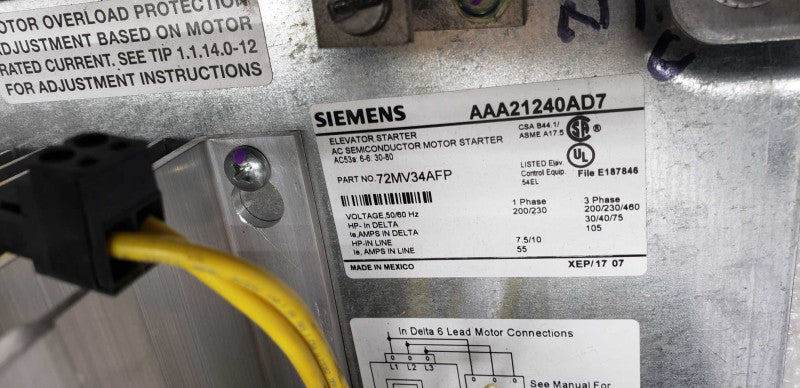 Siemens Elevator Starter 72MV34AFP / SEE NOTES #