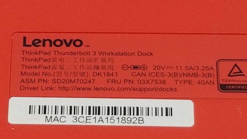 Lenovo ThinkPad Thunderbolt 3 Workstation Dock 40AN DK1841 03X7538 w/ AC Adapt ~