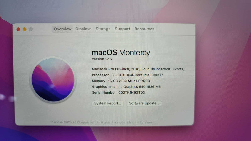 MacBook Pro 13-inch 2016 with i7 CPU 16GB RAM & 256GB Storage READ -