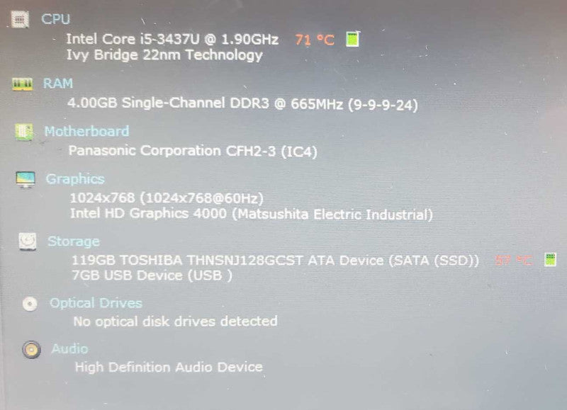 Panasonic CF-H2 Core i5-3437U @ 1.9 GHz 4GB Ram 120GB SSD 27600Hrs *READ* ( (