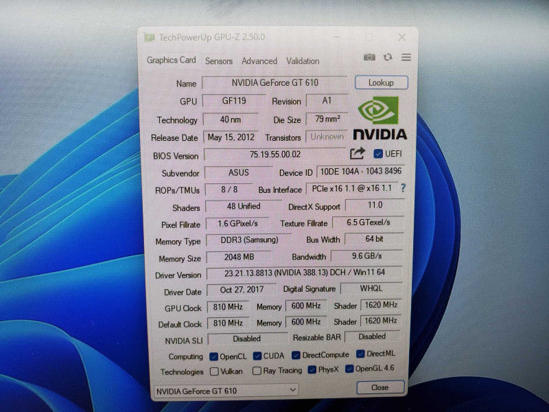 Nvidia GT610 1GB DDR3 VGA+DVI+HDMI PCI Video Graphic Card (