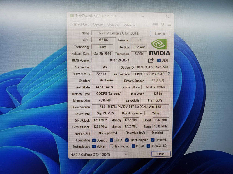 MSI NVIDIA GeForce GTX1050Ti 4GB GDDR5 PCI-E Graphics Video Card (