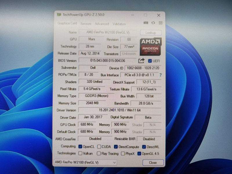 AMD FirePro W2100 2GB DDR3 DDR3 PCI Express Graphics Video Card (