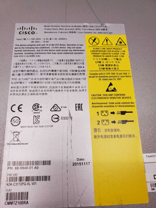 Cisco Nexus N3K-C3172PQ-XL 48x SFP+ and 6x QSFP+ Ports Network Switch, 2x PSU _