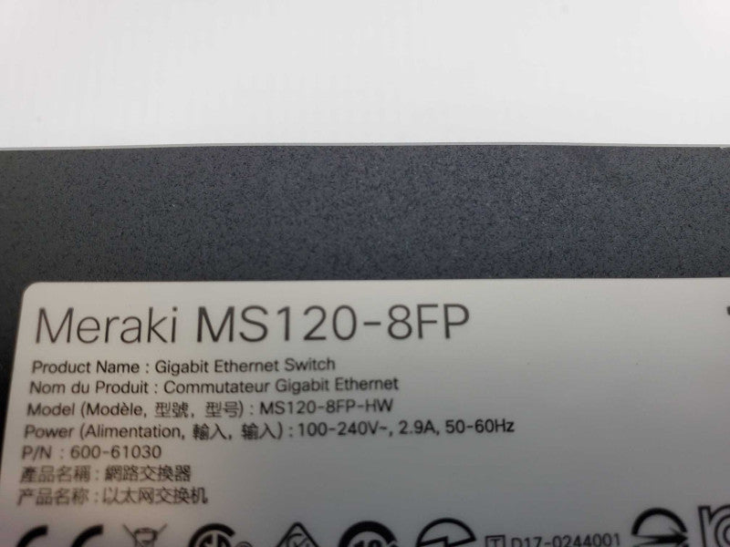 Cisco Meraki MS120-8FP-HW  8x 1GbE PoE+2x 1GE SFP Unclaimed Switch _