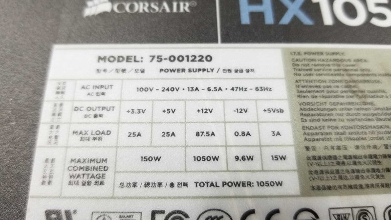 Corsair HX Series HX1050 1050 Watt Power Supply Semi-Modular ATX PSU ~