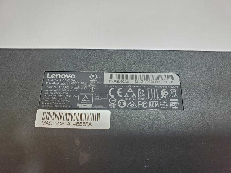 Lenovo Thinkpad USB-C Docking Station 40A9 DK1633, No Power Adapter _