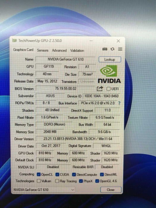 ASUS Nvidia GeForce GT 610 2GB HDMI DVI Video Graphics Card GT610-2GD3-CSM [