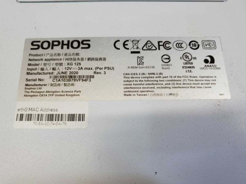 Sophos XG 125 Rev 2 Firewall VPN Network Security Appliance (