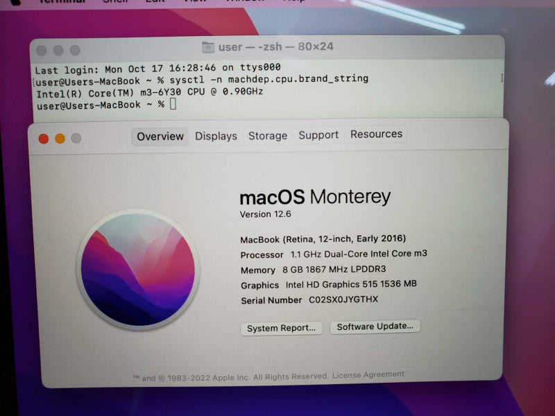 Apple MacBook Early 2016 Core m3-6Y30 @ 0.9 GHz 8GB Ram 250GB SSD *READ* (